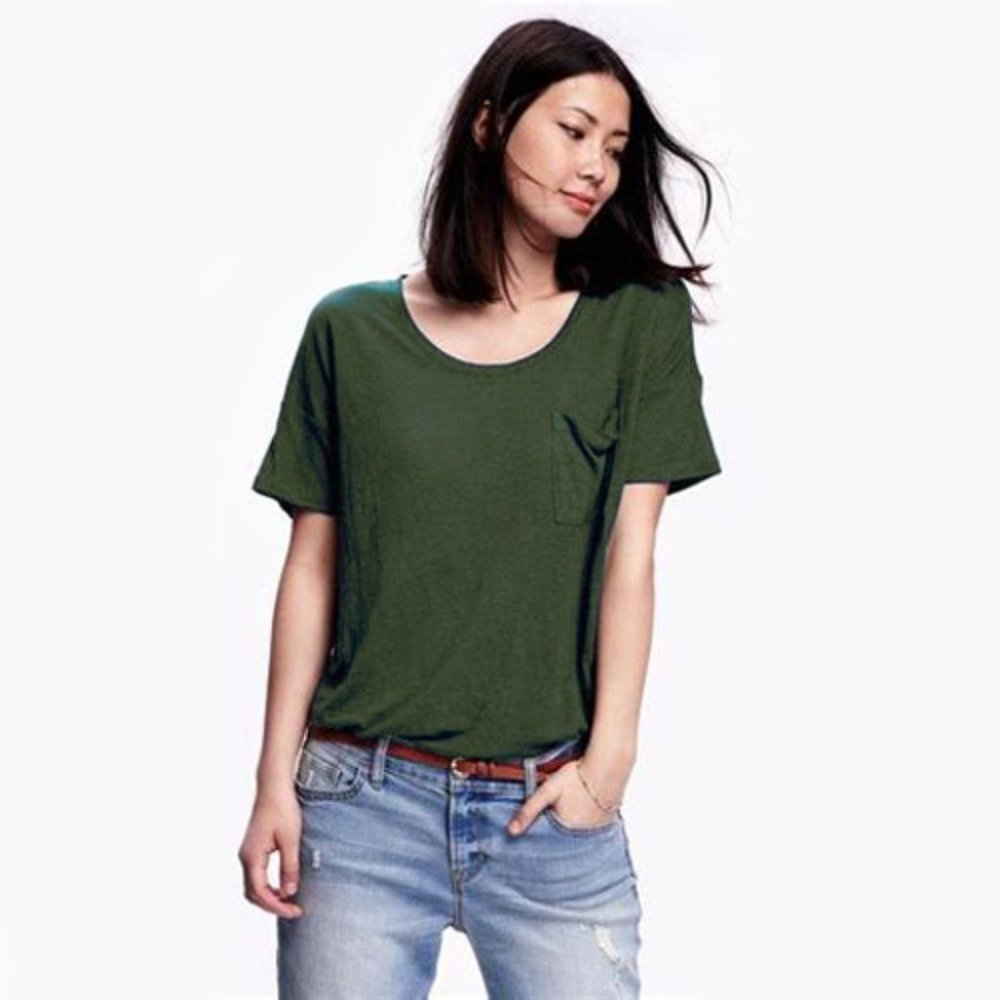 Old Navy Linen Boyfriend Pocket Tee T-shirt Top Heather Forest Olive Green Small